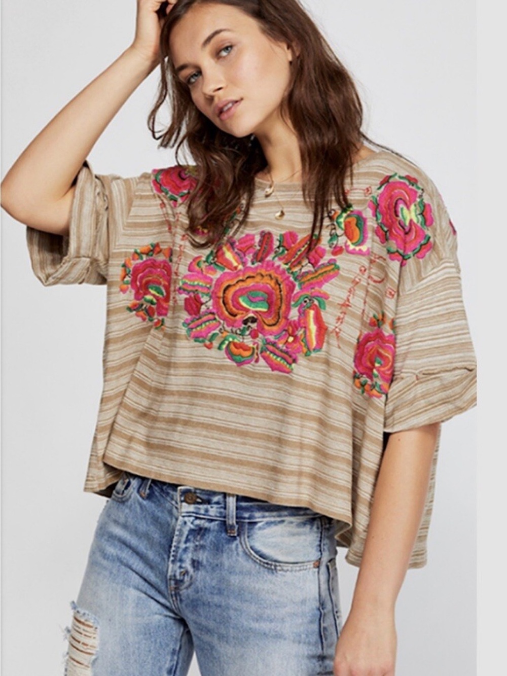 Free People Catalunya Boho Streetwear Casual Embroidered Top Relaxed Flowy Med